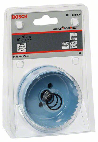 Eine runde, blaue Bosch Lochsäge für Metall mit Ø 70 mm in einer transparenten Verpackung. Enthält zusätzliche Befestigungsteile.