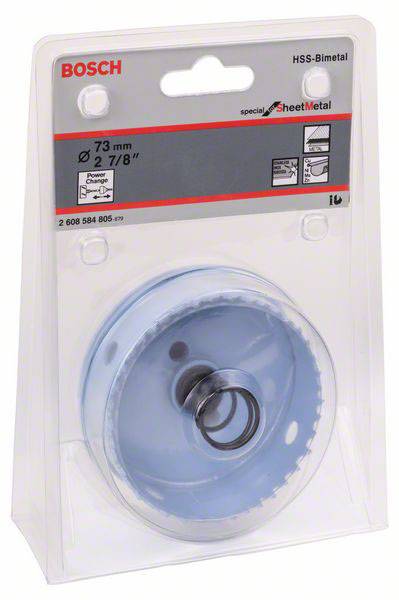 Bohrkrone im Originalverpackung von Bosch, 73 mm Durchmesser, geeignet für Metall. Verpackung zeigt Markennamen und Spezifikationen.