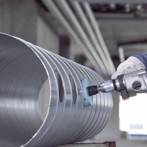 Ein Arbeiter bohrt mit einem elektrischen Werkzeug Löcher in ein großes Metallrohr in einer industriellen Umgebung.