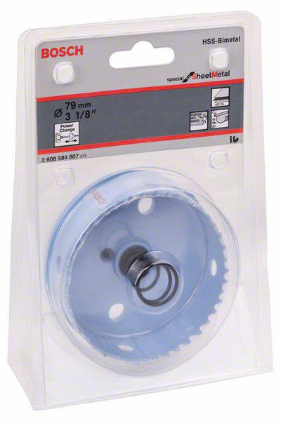 Bohrkrone in Verpackung von Bosch, geeignet für HSS-Bimetall und Blechbearbeitung, Durchmesser 79 mm.