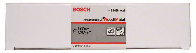 Eine Bosch HSS-Bimetall-Sägeblattverpackung mit der Aufschrift 'Progressor for Wood+Metal', Blattlänge 177 mm (6 31/32 Zoll).