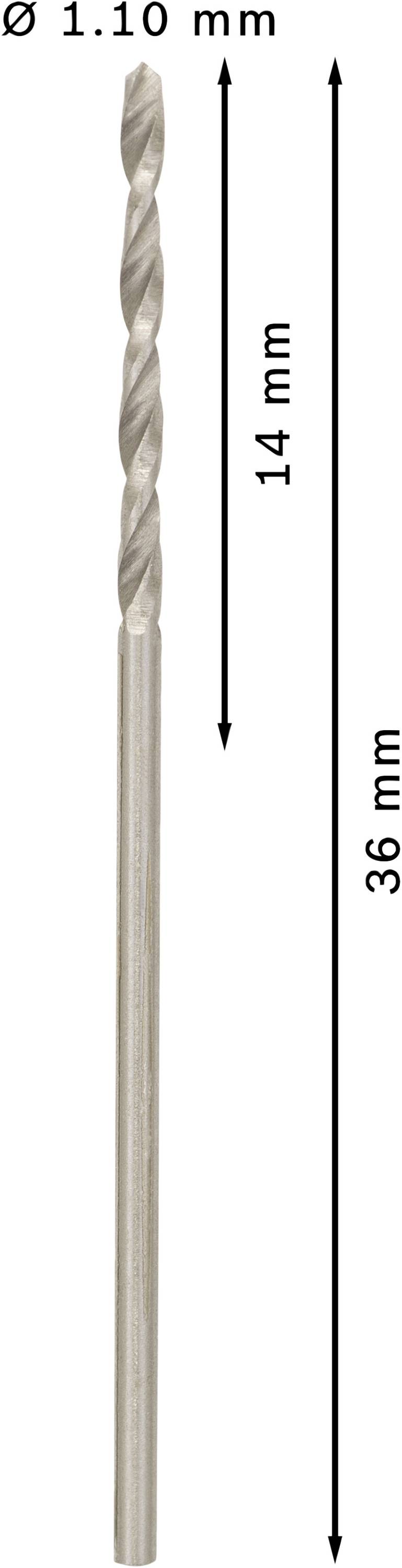 Bohrer mit Ø 1,10 mm, Gesamtlänge 36 mm und Spirallänge 14 mm.
