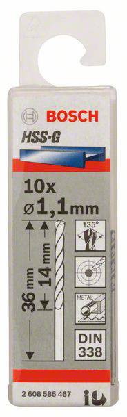 'Verpackung einer Bosch HSS-G Metallbohrer 10er-Set. Bohrerdurchmesser 1,1 mm, Länge 36 mm. Geeignet für Metall, gemäß DIN 338.'