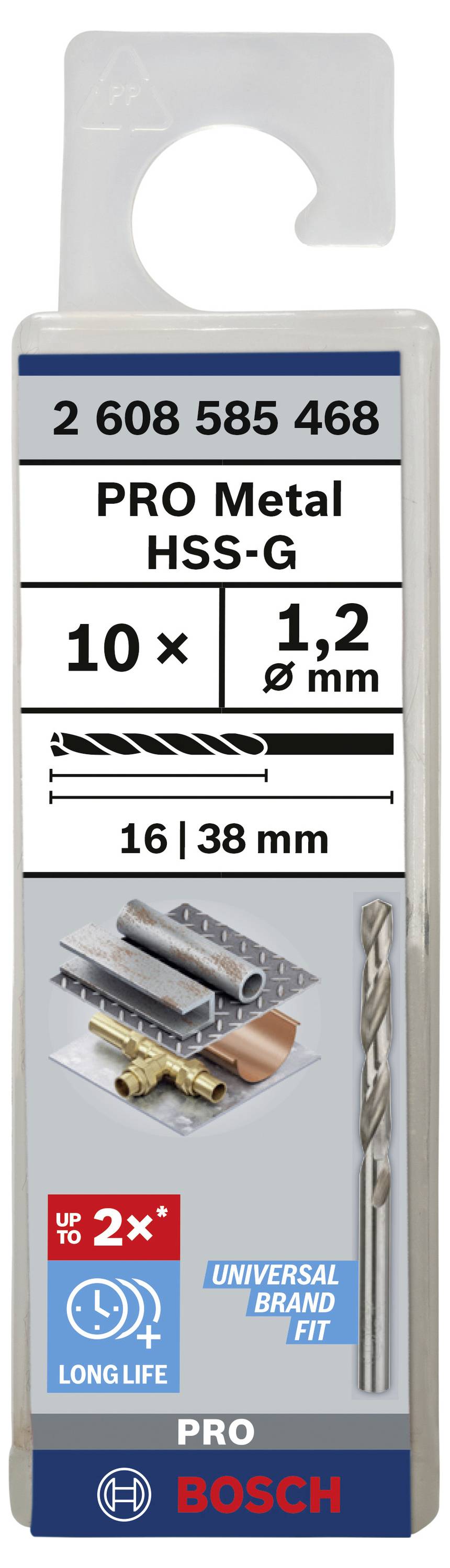 'PRO Metal HSS-G Bohrer von Bosch', Packung enthält 10 Stück, 1,2 mm Durchmesser, geeignet für Metall, 16/38 mm Länge, 2x längere Lebensdauer.