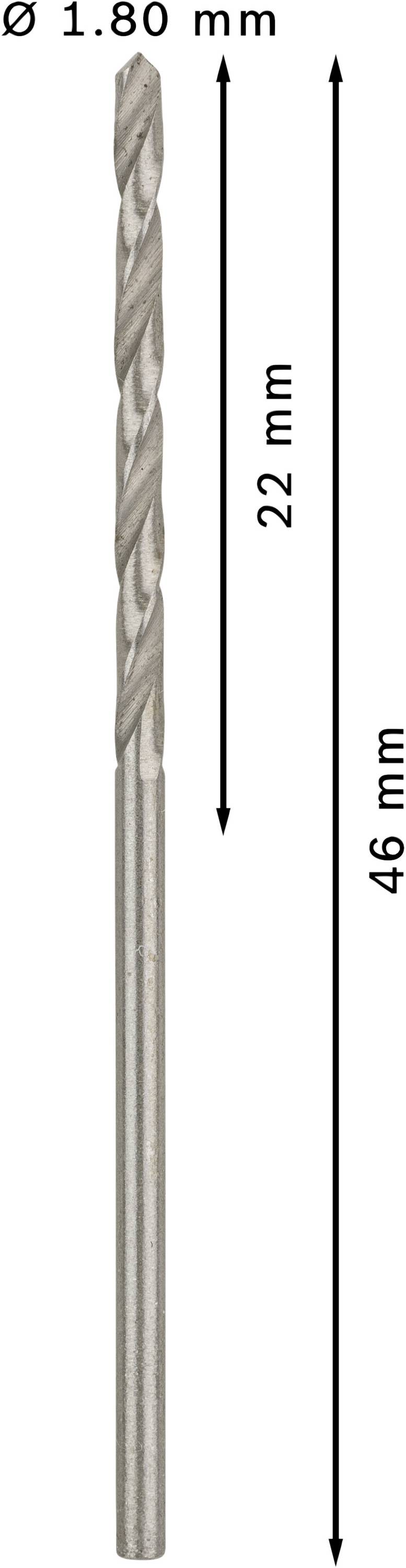 Bohrer mit einem Durchmesser von 1,80 mm, Gesamtlänge 46 mm, Spirallänge 22 mm.