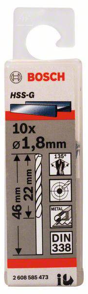 Verpackung für Bosch HSS-G Bohrer, Größe 1,8 mm, Länge 46 mm. Geeignet für Metallbearbeitung. Enthält 10 Stück, gemäß DIN 338.