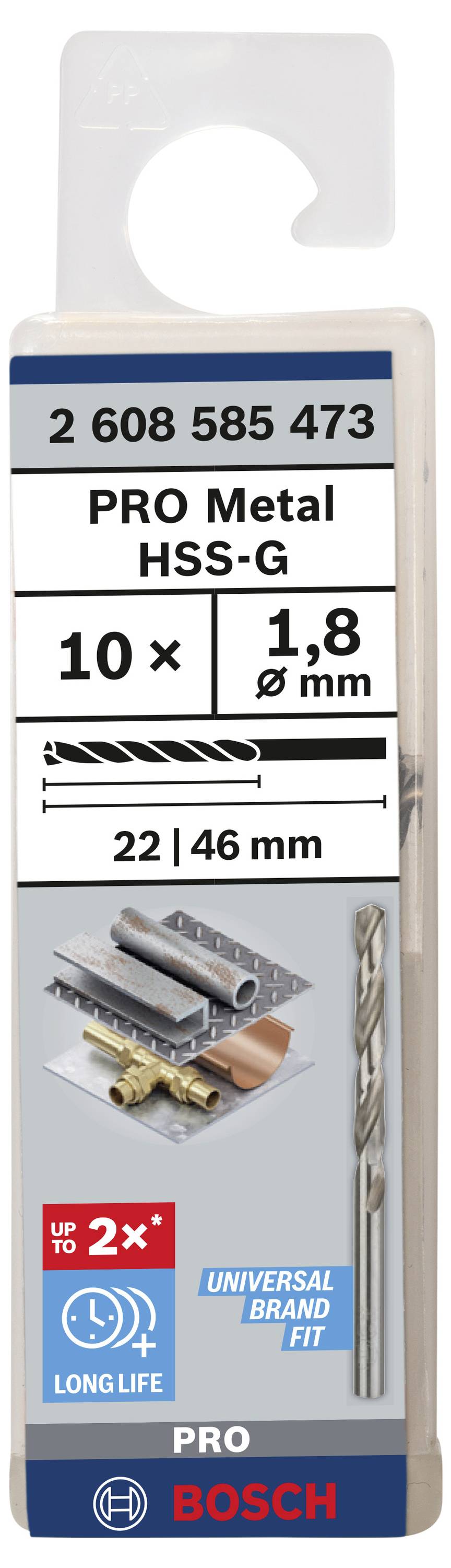 Bohrer-Set von Bosch, 10 Stück, Durchmesser 1,8 mm. Geeignet für Metall. Länge: 22/46 mm. Langlebigkeit und universelle Passform.