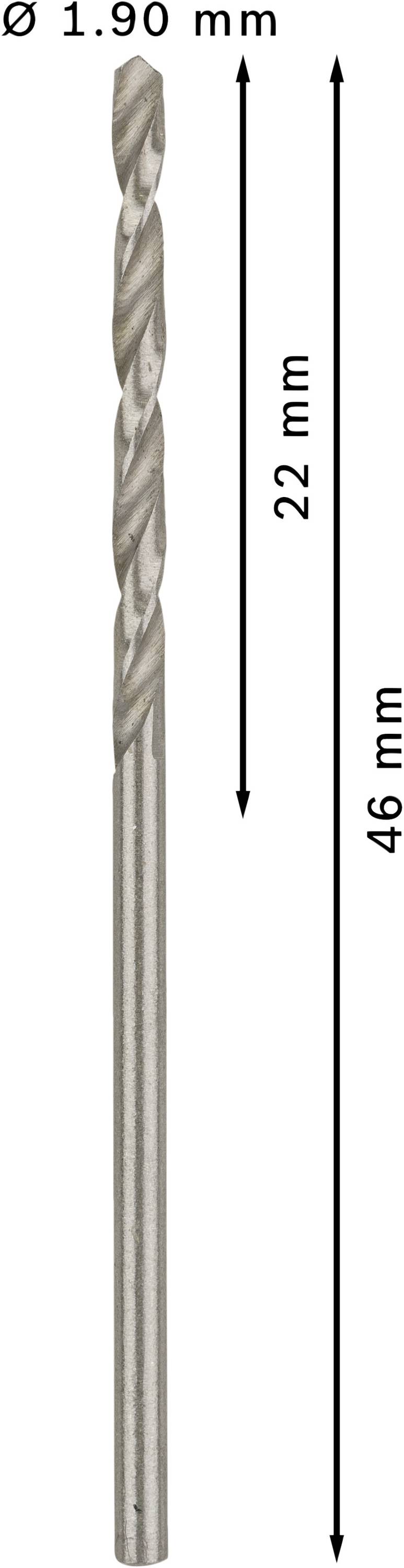 Ein Bohrer mit einem Durchmesser von 1,90 mm, einer Schneidlänge von 22 mm und einer Gesamtlänge von 46 mm.