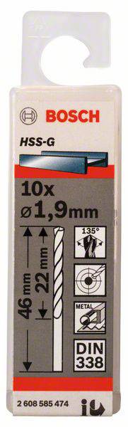 Verpackung eines Bosch HSS-G Bohrers: 10x 1,9 mm, Länge 46 mm, DIN 338, geeignet für Metall, 135° Spitzenwinkel.