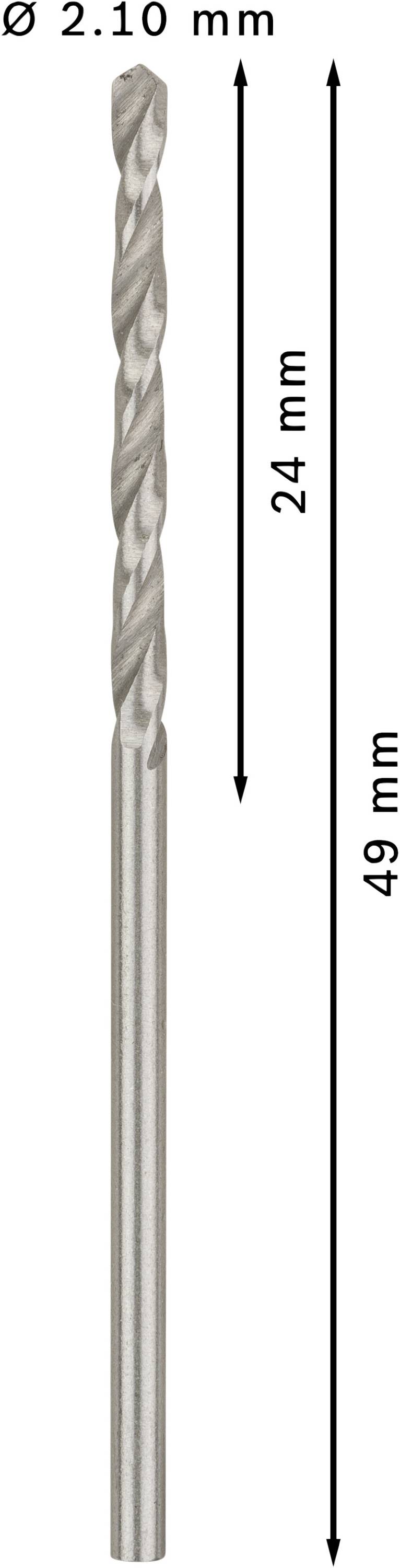 Bohrer mit 2,10 mm Durchmesser, 24 mm Nutzlänge und 49 mm Gesamtlänge.