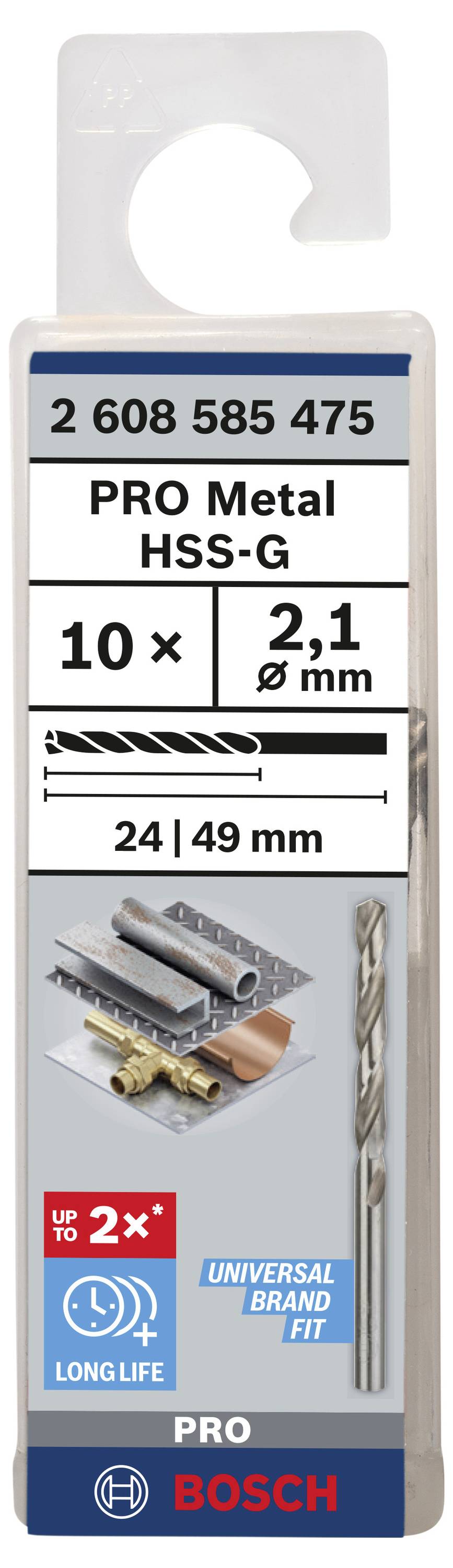 Bohrer-Set 'PRO Metal HSS-G' für Metallbearbeitung, Durchmesser 2,1 mm, Länge 49 mm, 10 Stück, markiert mit 'lange Lebensdauer'.
