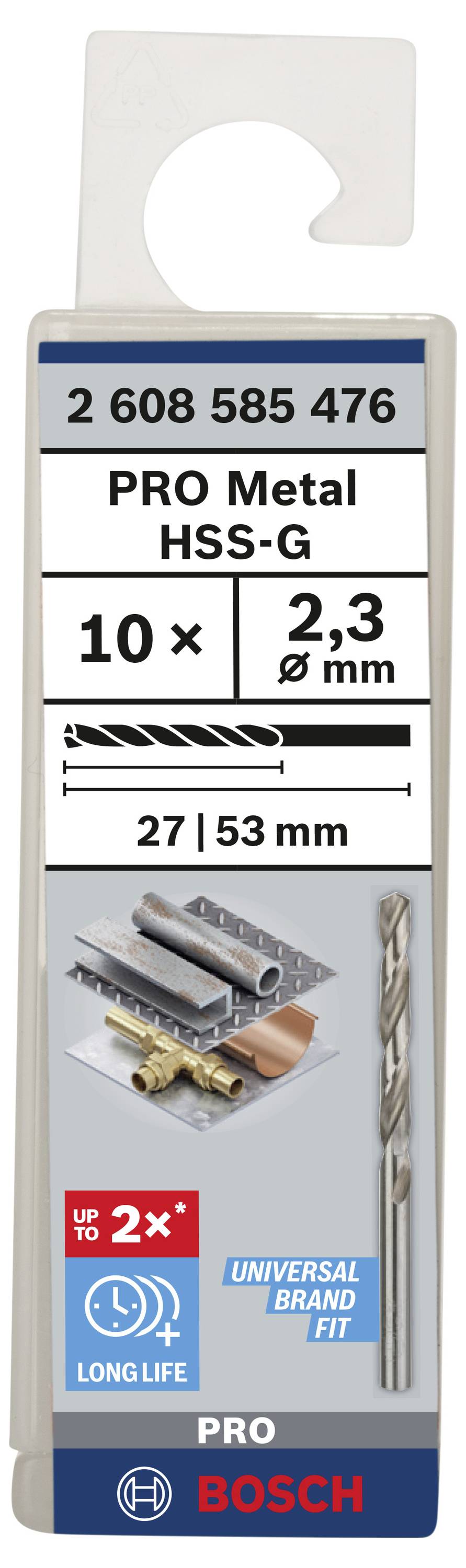 'Bosch PRO Metal HSS-G Bohrer' mit 2,3 mm Durchmesser, geeignet für Metall. Verpackung zeigt Bild des Bohrers und Anwendungen.