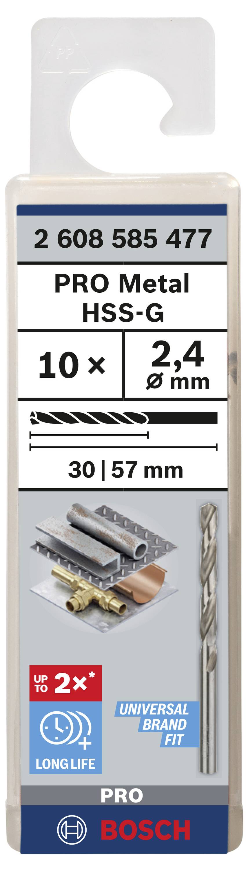 Verpackung von 'Bosch Pro Metal HSS-G' Bohrern, 10 Stück, 2,4 mm Durchmesser, geeignet für Metallbearbeitung, mit erhöhter Lebensdauer.
