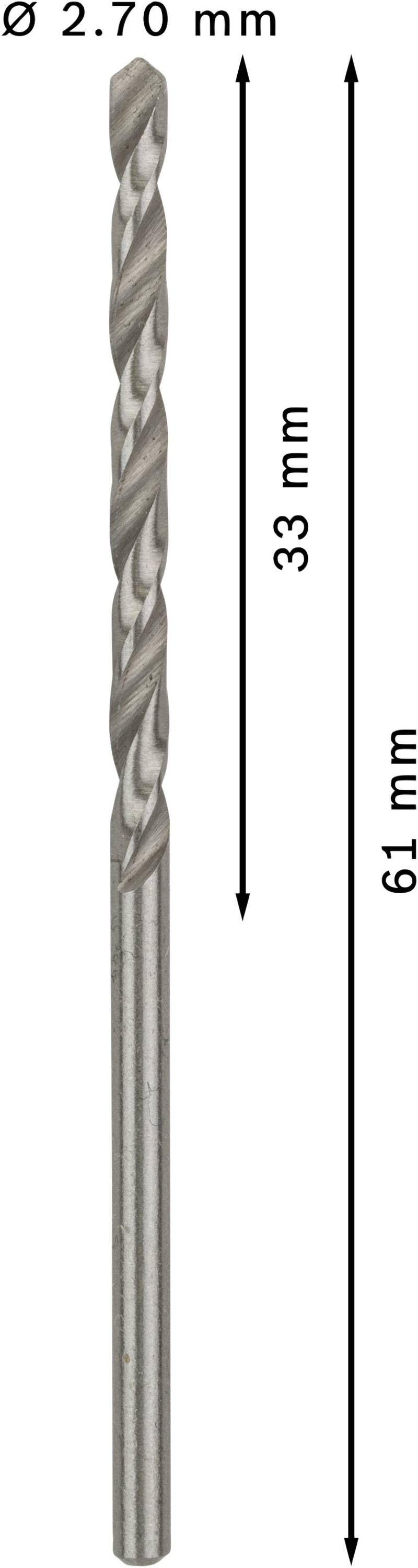 Bohrer mit einem Durchmesser von 2,70 mm. Die Schneidlänge beträgt 33 mm und die Gesamtlänge 61 mm.