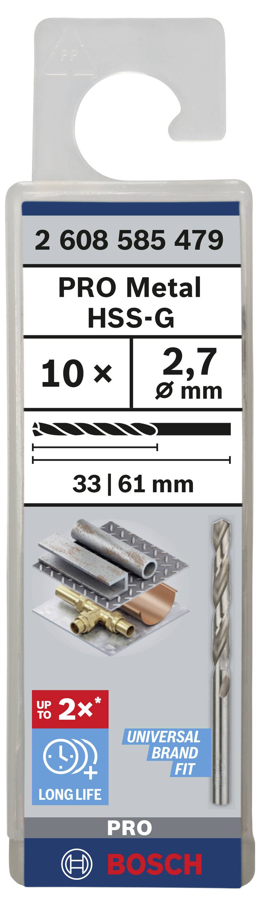 Verpackung eines Bosch PRO Metal HSS-G Metallbohrer-Sets. Enthält 10 Bohrer à 2,7 mm Durchmesser, geeignet für Metall.
