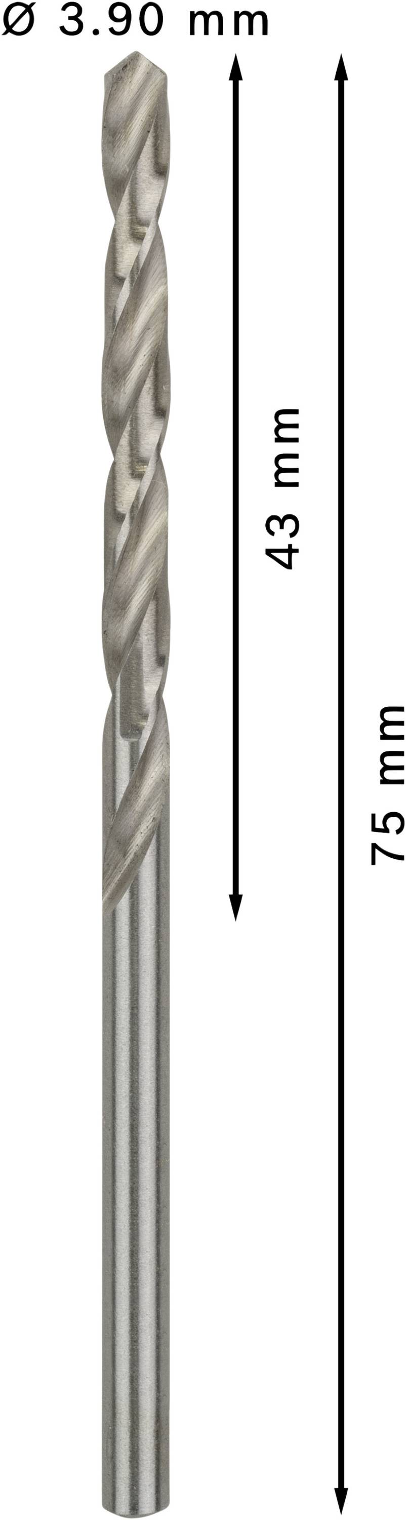Ein Bohrer mit einem Durchmesser von 3,90 mm und einer Gesamtlänge von 75 mm. Die Spirallänge beträgt 43 mm.