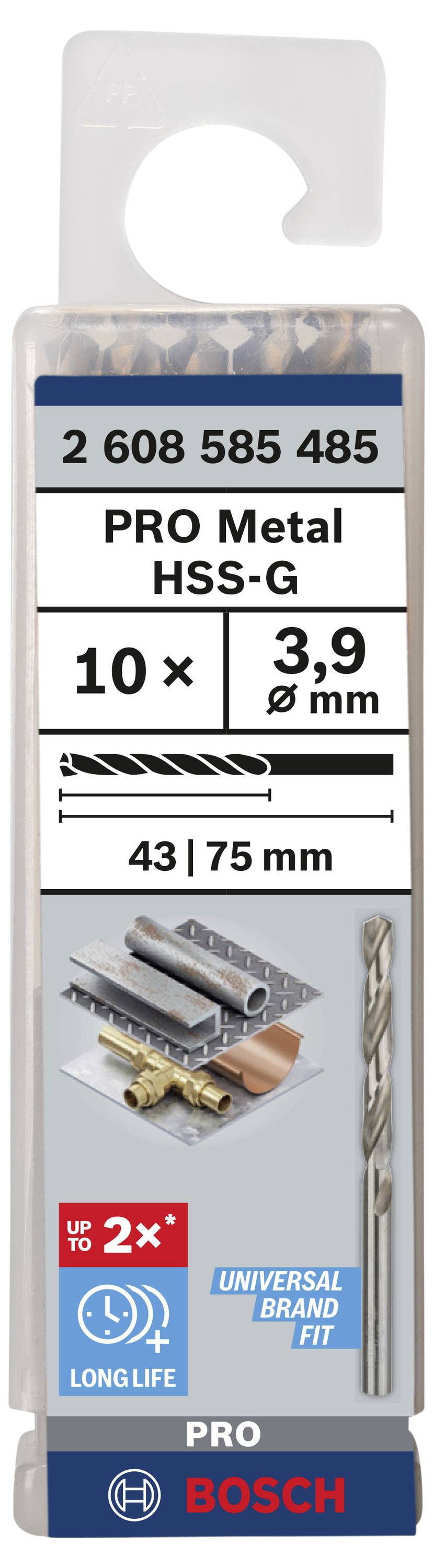 Bohrerpackung von Bosch, geeignet für Metallarbeiten. Enthält 10 HSS-G-Bohrer, Größe 3,9 mm, Länge 43/75 mm. Längere Lebensdauer.