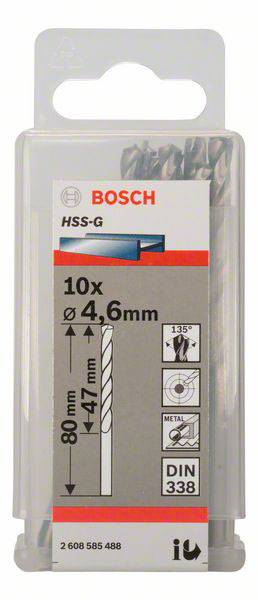Packung mit 10 Bosch HSS-G Spiralbohrern, Durchmesser 4,6 mm, Länge 80 mm, Nutzlänge 47 mm, für Metall geeignet, DIN 338.