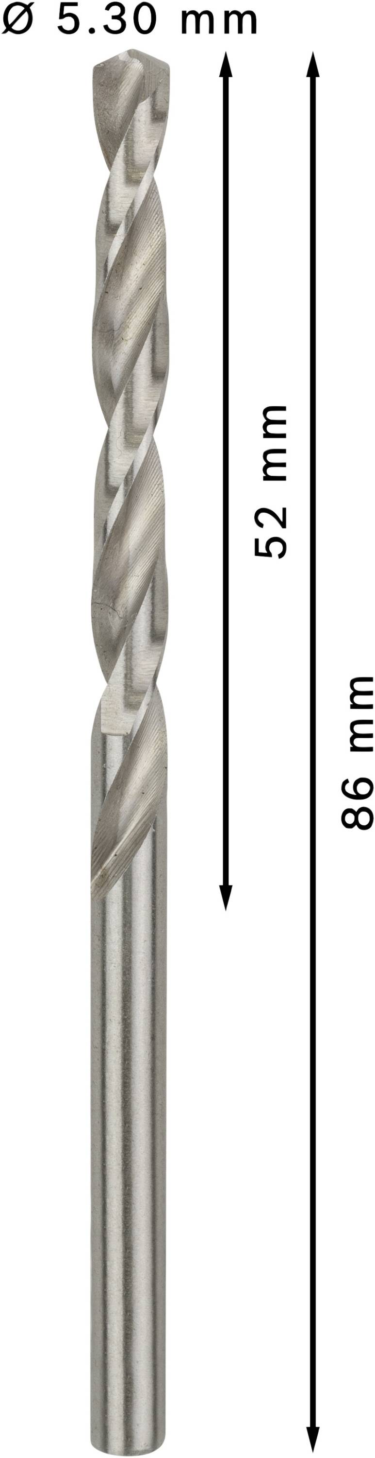 Ein Metallbohrer mit einem Durchmesser von 5,30 mm und einer Gesamtlänge von 86 mm. Die Schneidelänge beträgt 52 mm.