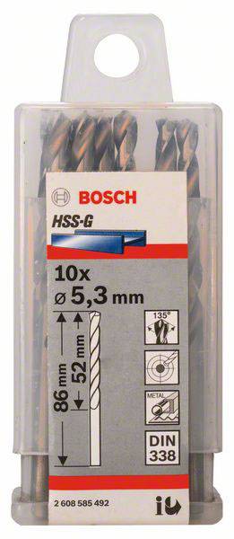 Verpackung mit 10 Metallbohrern, Größe Ø 5,3 mm, Länge 86 mm. Marke Bosch, Modell HSS-G, geeignet für Metallbohrungen.