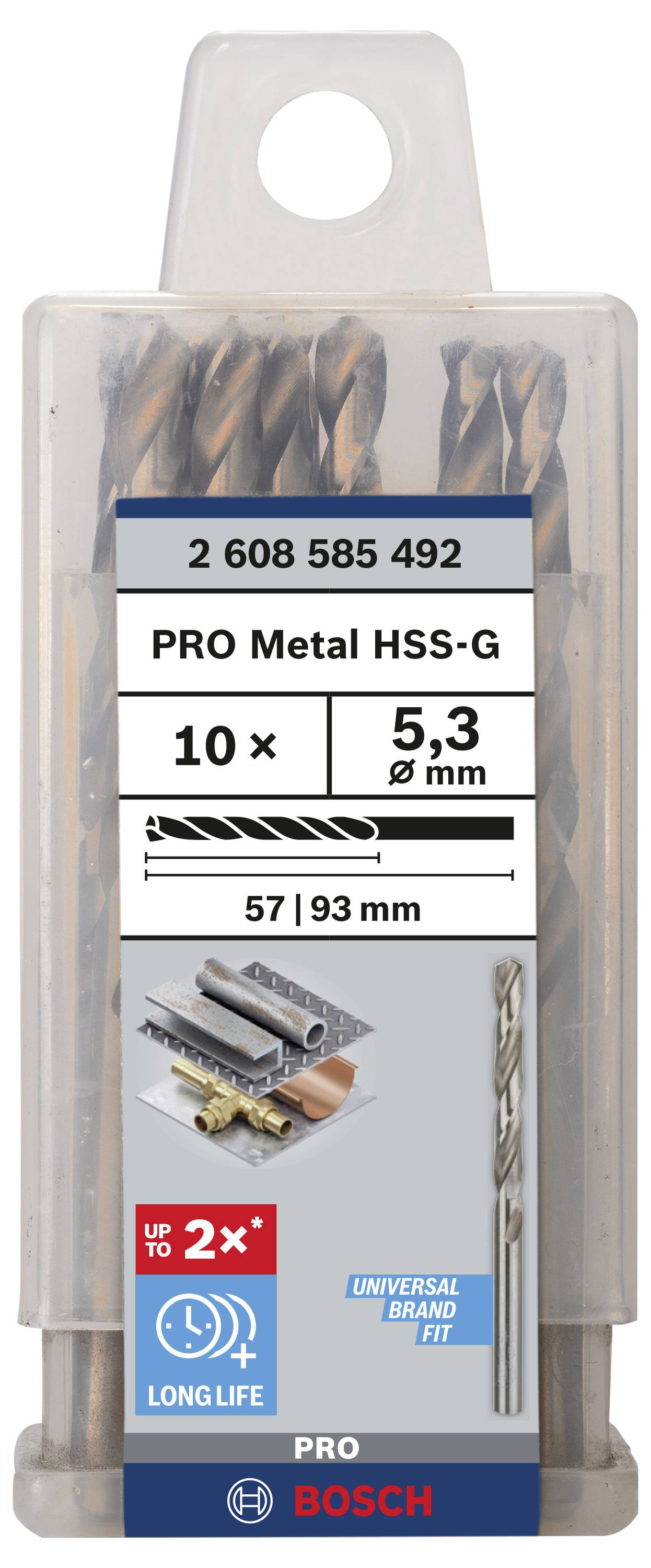 Bohrer-Set für Metall, 10-teilig, HSS-G, Durchmesser 5,3 mm, Länge 57/93 mm, langlebig und universell einsetzbar.