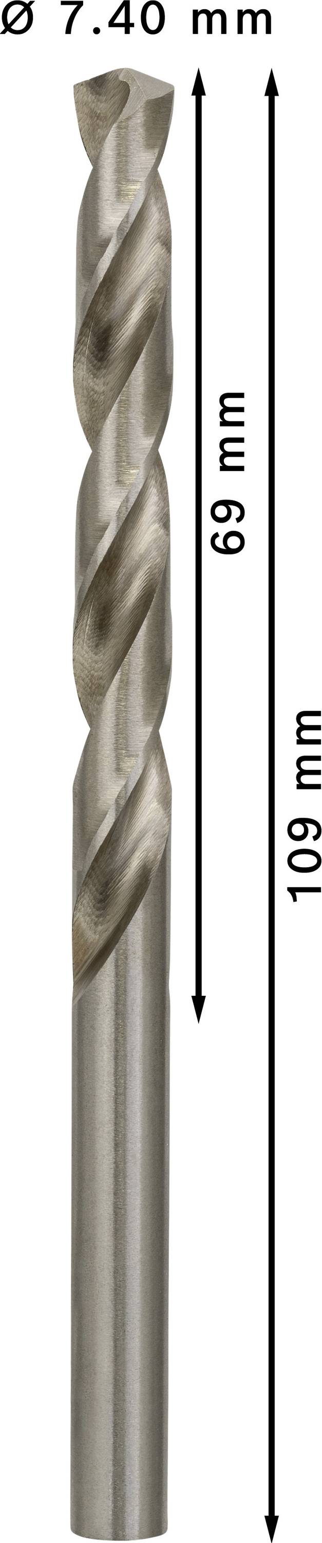 Ein Spiralbohrer aus Metall mit einem Durchmesser von 7,40 mm. Die Schaftlänge beträgt 69 mm, die Gesamtlänge 109 mm.
