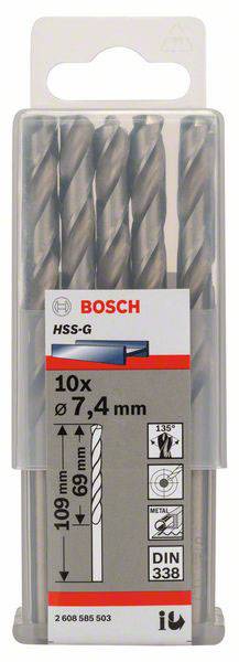 Bewahren in einem transparenten Behälter. Zehn Metallbohrer der Marke Bosch, Größe Ø 7,4 mm, Länge 109 mm. DIN 338.
