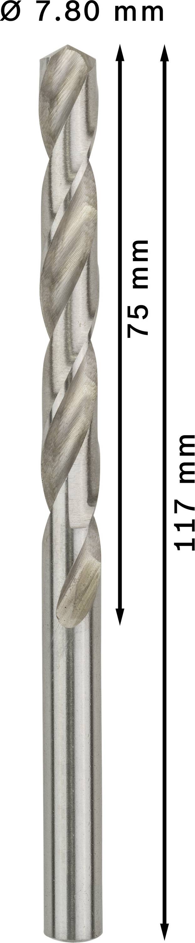 Metallbohrer Ø 7,80 mm; Nutlänge 75 mm, Gesamtlänge 117 mm.
