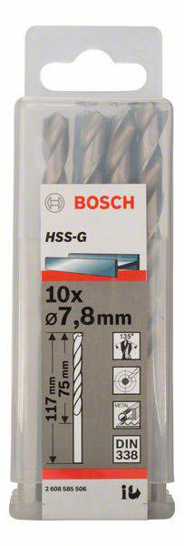 Set mit 10 Bosch HSS-G Spiralbohrern, Durchmesser 7,8 mm, Länge 117 mm. Geeignet für Metallbohrungen. DIN 338 Norm.
