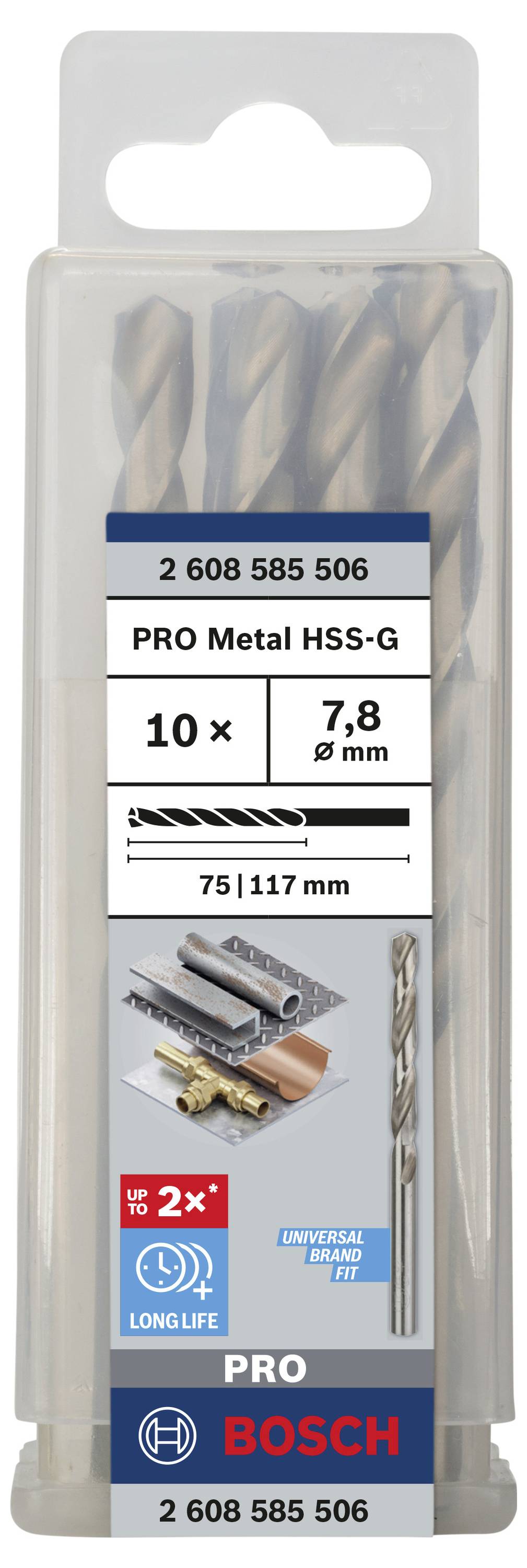 Bohrer-Set 'PRO Metal HSS-G' von BOSCH, 10 Stück, Durchmesser 7,8 mm, Länge 75 | 117 mm, geeignet für Metallbearbeitung.