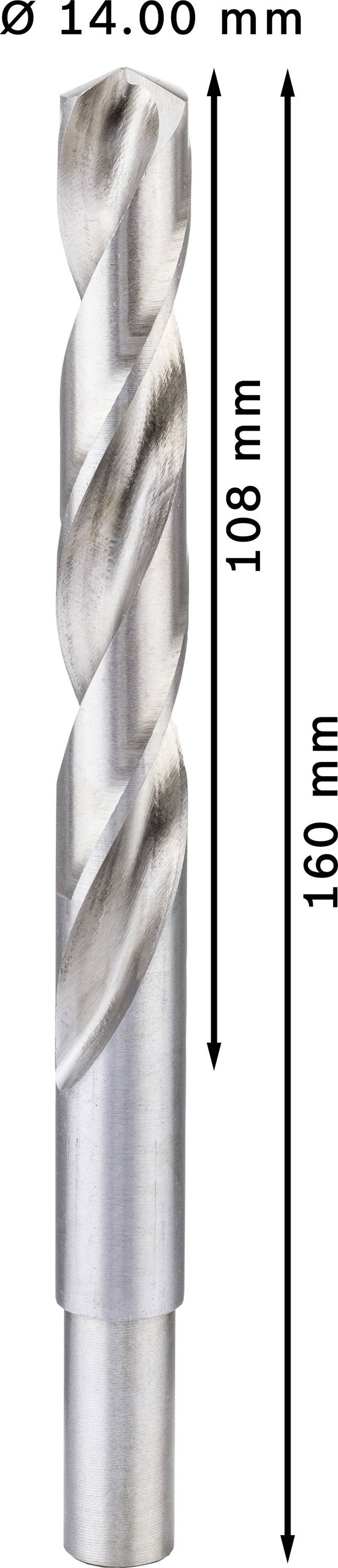 Metallbohrer, Durchmesser 14 mm, Gesamtlänge 160 mm, nutzbare Länge 108 mm.