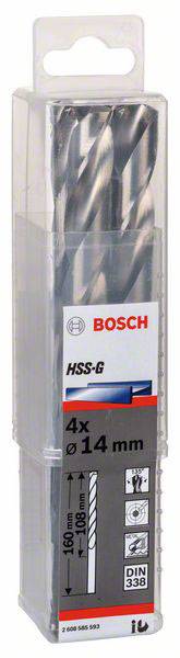 Verpackung mit vier Bosch HSS-G Metallbohrern, Durchmesser 14 mm, geeignet für präzises Bohren in Metall.