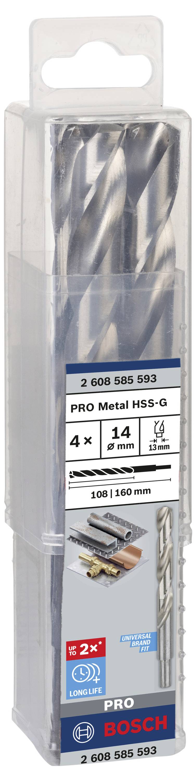 Packung mit vier Metallbohrern des Typs PRO Metal HSS-G von Bosch, Durchmesser 8,0 mm, Länge 108/160 mm, für längere Lebensdauer.