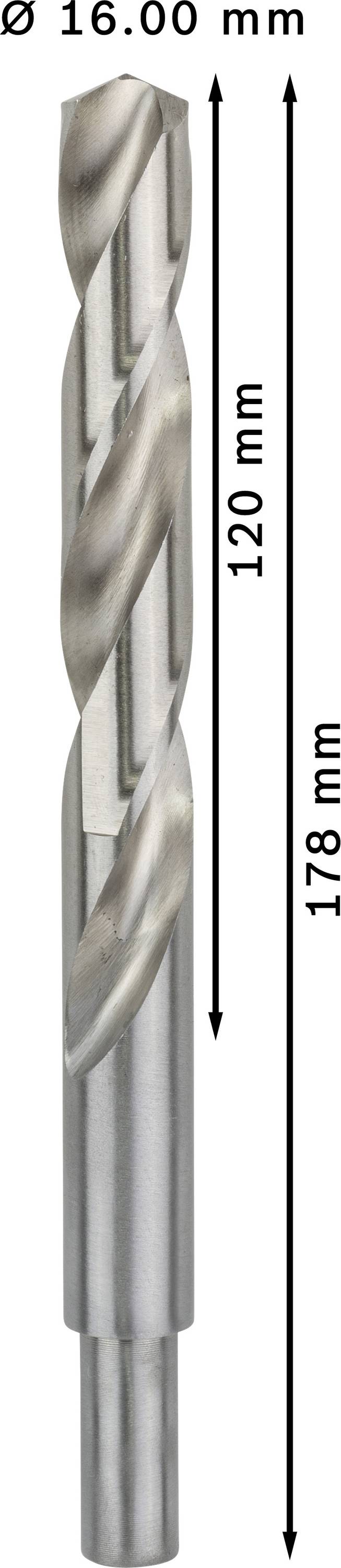 Bohrer mit einem Durchmesser von 16,00 mm, Gesamtlänge 178 mm. Die Spirallänge beträgt 120 mm.