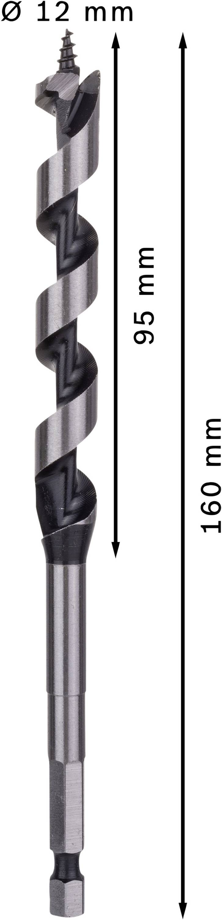 Spiralbohrer mit einer Länge von 160 mm und einem Durchmesser von 12 mm. Die Spirale misst 95 mm. Geeignet für präzises Bohren.