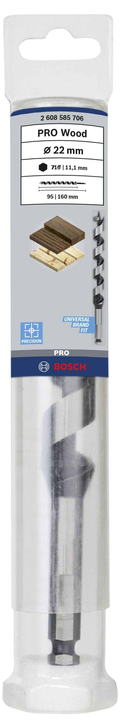 Ein Bosch Forstnerbohrer, Durchmesser 22 mm, zum Bohren in Holz, in einer transparenten Verpackung. Geeignet für weiche und harte Hölzer.