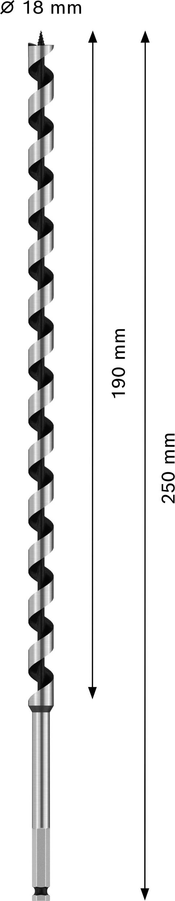 Bohrer mit 18 mm Durchmesser und 250 mm Länge. Markierung bei 150 mm.