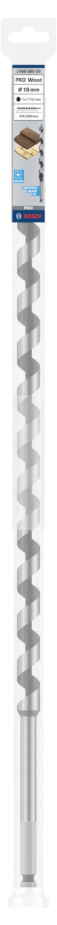 Verpackung eines Bohrers der Marke Bosch. Enthält Symbole für Bohrdruchmesser, Länge und empfohlene Materialien.