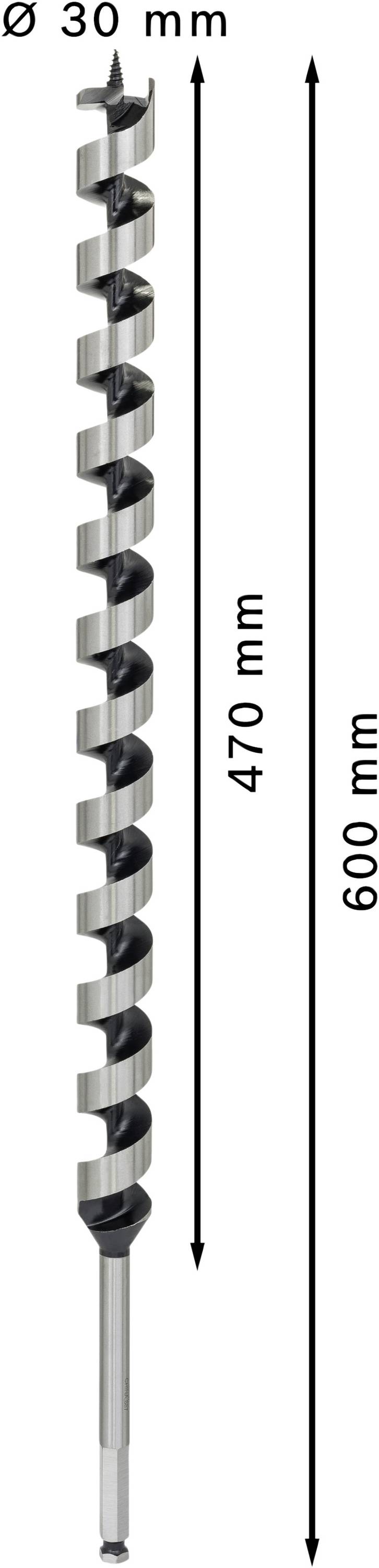Bohrer mit 30 mm Durchmesser und 600 mm Länge, davon 470 mm nutzbar.