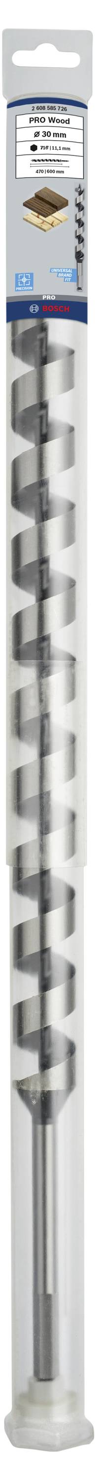 Eine Verpackung mit einem Forstnerbohrer für Holzarbeiten, mit zylindrischer Verpackung und Produktinformationen oben aufgedruckt.