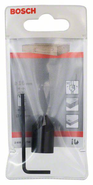 Eine verpackte Bohrmaschine mit Zubehör. Bosch-Logo oben. Illustrationen zeigen Bohrwinkel und Dicke verschiedener Holzarten.