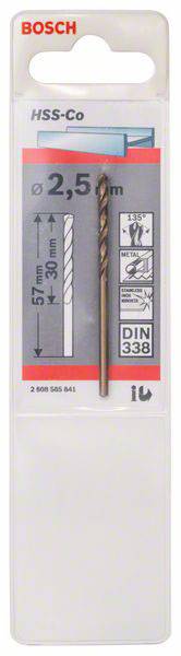 'Bosch HSS-Co Bohrer, 2,5 mm Durchmesser, Länge 57 mm, DIN 338, für Metallbearbeitung.' Verpackung mit Bohrerabbildung und technischen Details.