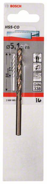 Ein Bosch HSS-CO Metallbohrer in einer Kunststoffverpackung. Der Bohrer hat einen Durchmesser von 5,1 mm und ist für Metall geeignet.