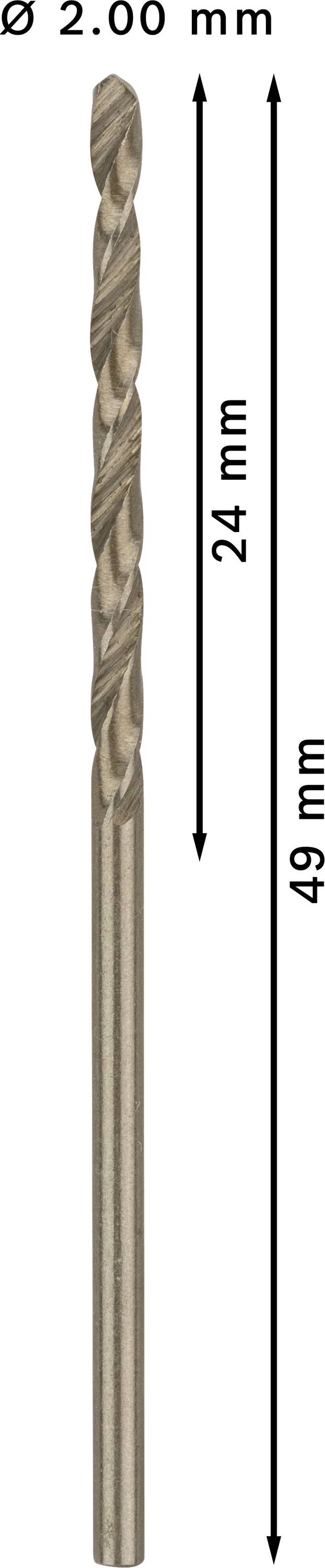 Bohrer mit einem Durchmesser von 2,00 mm. Gesamtlänge 49 mm, Spiralteil 24 mm.