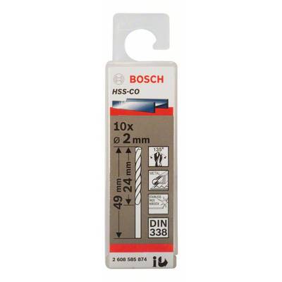 Verpackung eines Bosch HSS-CO Metallbohrers, 10 Stück, Durchmesser 2 mm, Länge 49 mm, Schneidelänge 24 mm, für Metall geeignet.