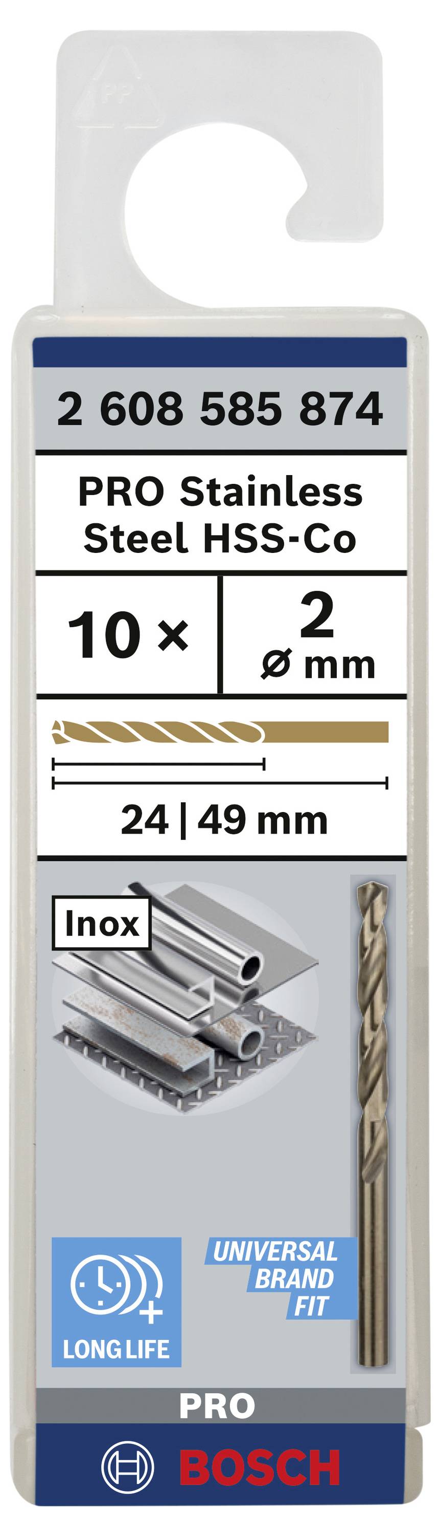 'Bohrer für Edelstahl, 10 Stück, 2 mm Durchmesser, Länge 24/49 mm, Marke Bosch, geeignet für langlebige Ergebnisse.'