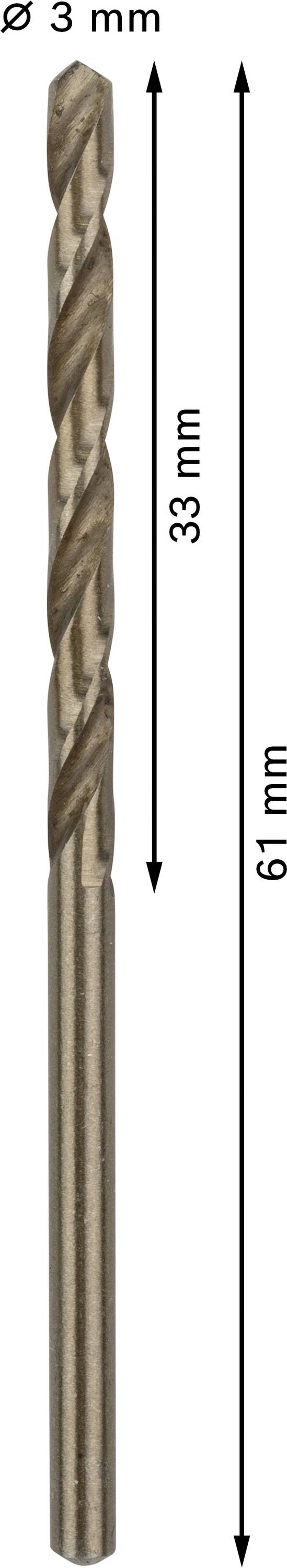Ein Metallbohrer mit 3 mm Durchmesser, 61 mm Gesamtlänge und 33 mm Schneidlänge.