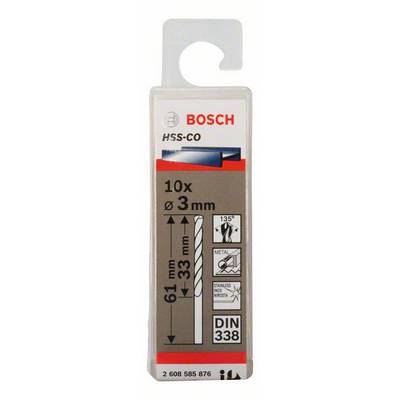 Eine Verpackung mit einem Bosch HSS-CO Bohrer, 10 Stück, 3 mm Durchmesser, 61 mm Länge, geeignet für Metall und Edelstahl.