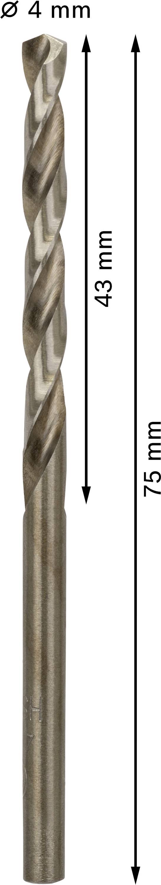 'Bohrer mit einem Durchmesser von 4 mm, einer Länge von 75 mm und einem spiralförmigen Abschnitt von 43 mm.'