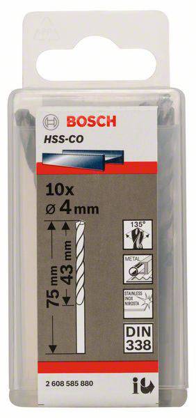 Verpackung eines Bosch HSS-CO Bohrer-Sets, 10 Stück, Durchmesser 4 mm, Länge 75 mm, nutzbare Länge 43 mm, für Metall, DIN 338.
